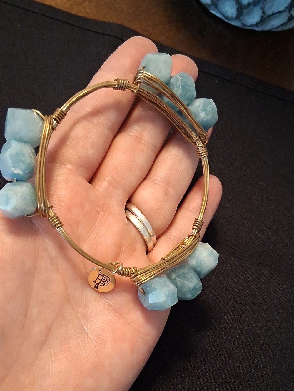 Handcrafted Gold Wire Aqua Bead Bangle Bracelet